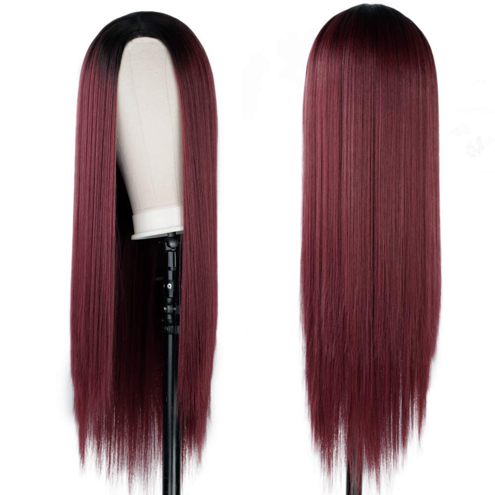26 Inch Long Straight High Gloss Hair Gradient Color Synthetic Wig Golden Brown Ladies Wine Red Cosplay Wig