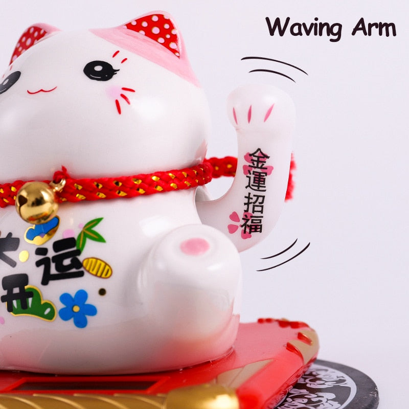 Ceramic Lucky Cat Solar Powered Maneki Neko Waving Arm Beckoning Fortune Welcoming Cat with Car Mat Desktop Decor Charm Gift