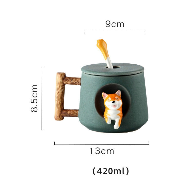 Cartoon ceramic cup creative mug with lid spoon Three-dimensional dog home drinking cup coffee milk juice breakfast cup