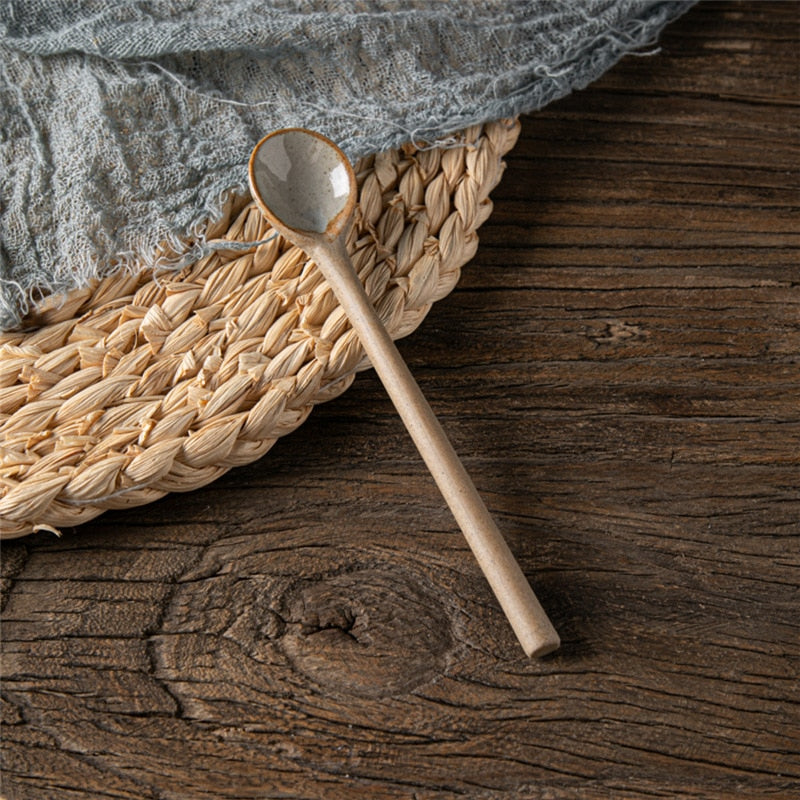 Retro Long Spoon Japanese Style Ceramic Long Handled Soup Spoon Kitchen Tableware Dessert Coffee Tea Scoop Cooking Mixing Stirr