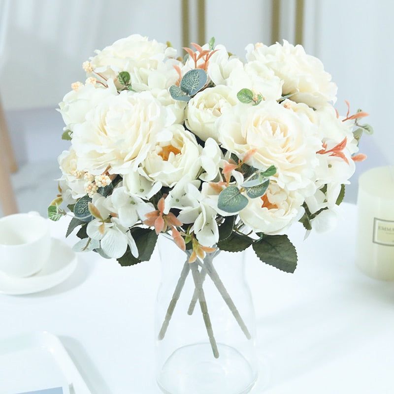Beautiful Hydrangea Roses Artificial Flowers for Home Wedding Decorations High Quality Autumn Bouquet Mousse Peony Fake Flower