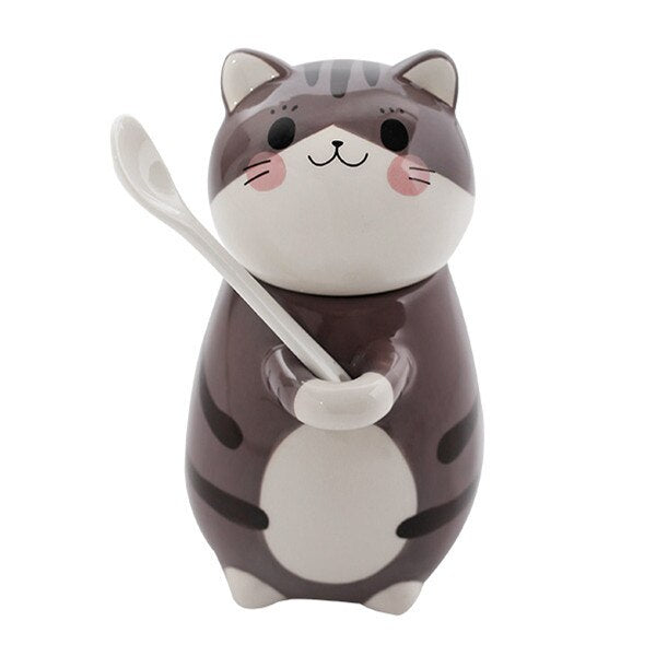 Cute Cat Ceramics Coffee Mug With Spoon Creative Hand Painted Drinkware Milk Tea Cups Gifts