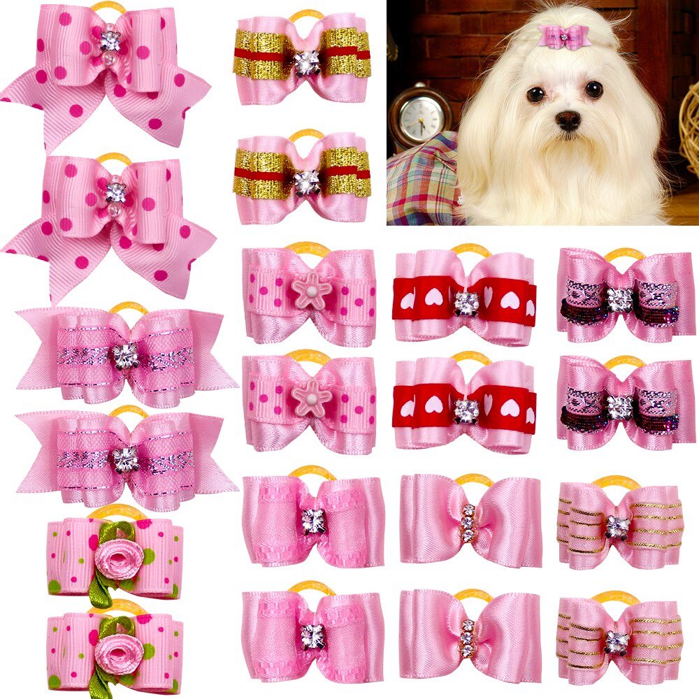 10 Pcs Handmade Pet Dog Cat Hair Bow Diamond Pearl Boutique Grooming Accessory