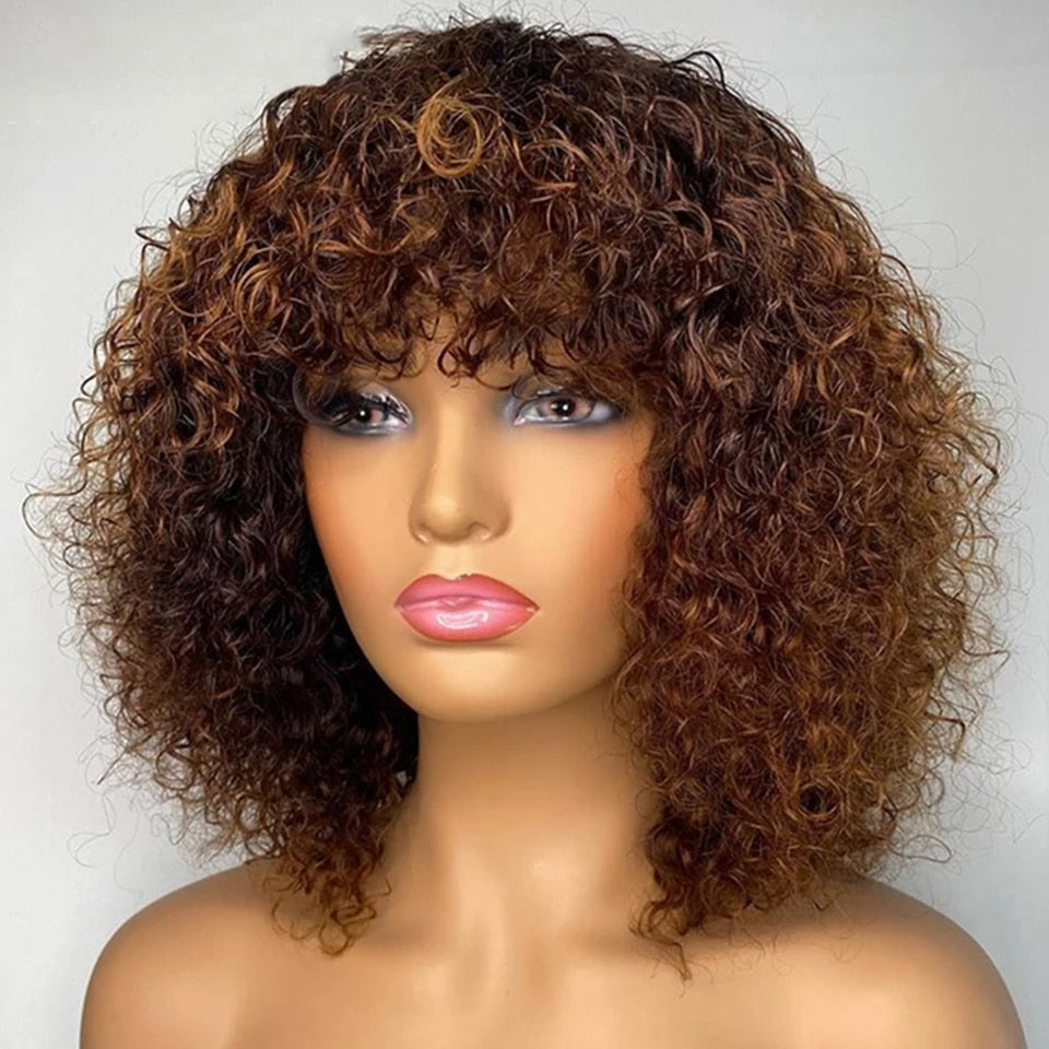 Jerry Curly Short Pixie Bob Cut Human Hair With Bangs Non lace front Highlight Honey Blonde Colored Wigs For Women