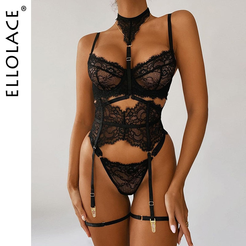 Underwear Sexy Lingerie 3-Pieces Transparent Bra Lace Suit Sexy Garter Belt With Stockings Woman Erotic Intimate