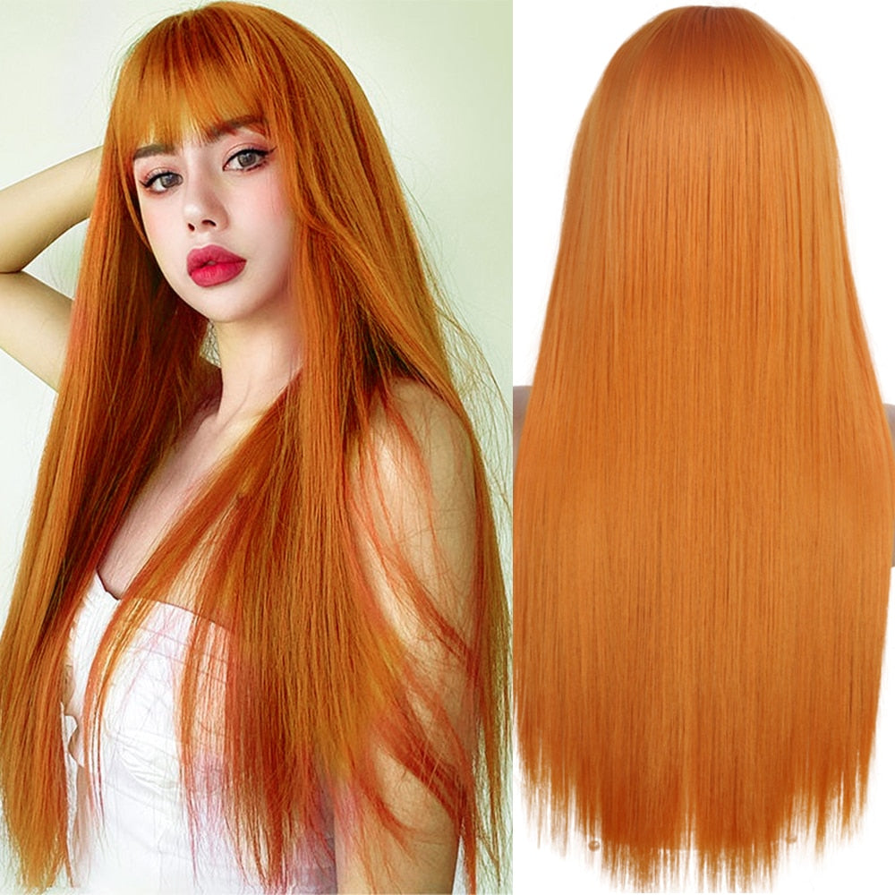 Synthetic Orange Long Straight Wig With Bangs Cosplay Synthetic Hair Wigs For Woman Heat Resistant Fiber Hair Wigs