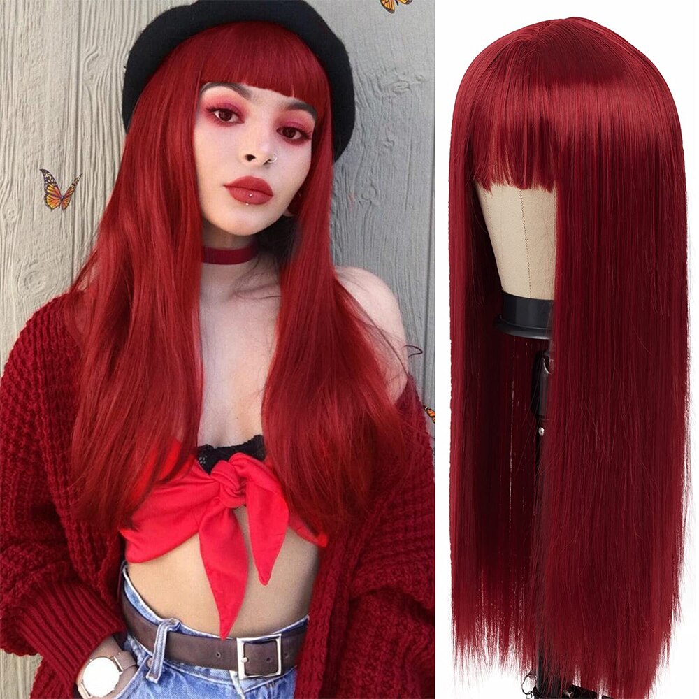 26 Inch Long Straight With Bangs White Wig Cosplay Red Green Lolita Ladies Anime High Temperature Fiber Synthetic Wig