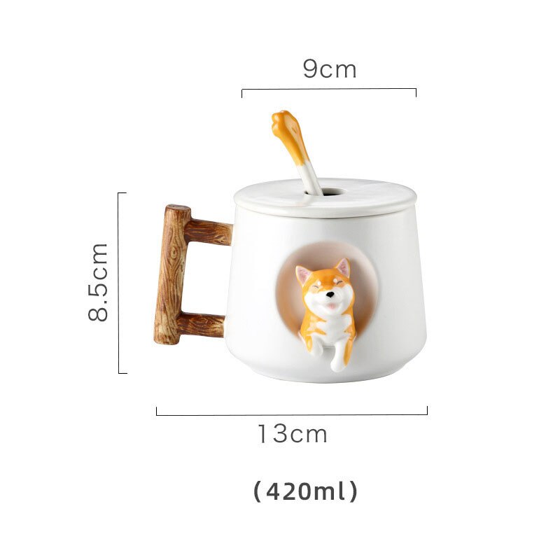 Cartoon ceramic cup creative mug with lid spoon Three-dimensional dog home drinking cup coffee milk juice breakfast cup