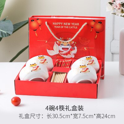 Ceramic Tableware Lucky Cat Set Blue and White Porcelain Bowl Gift Box