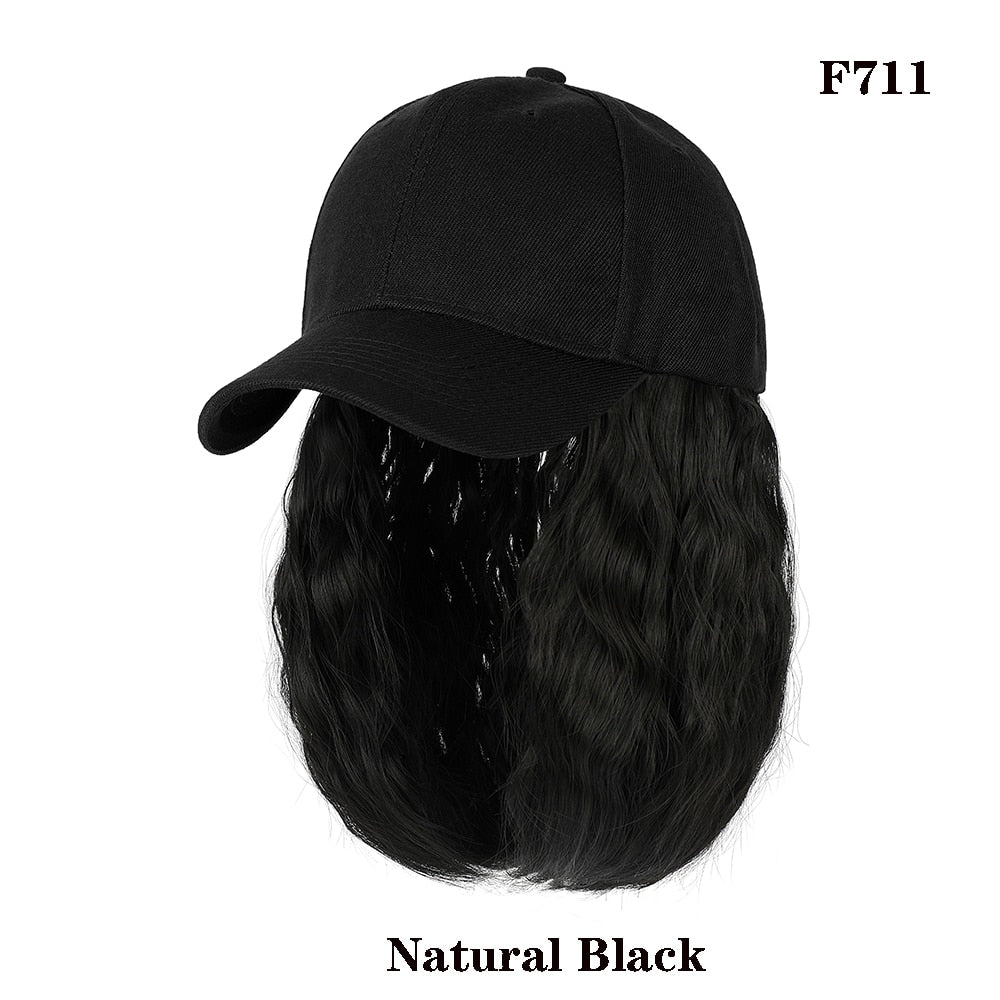 Baseball Cap Short Wig Curly Synthetic Hair Wig Natural Black Knit Hat Wigs Naturally Adjustable