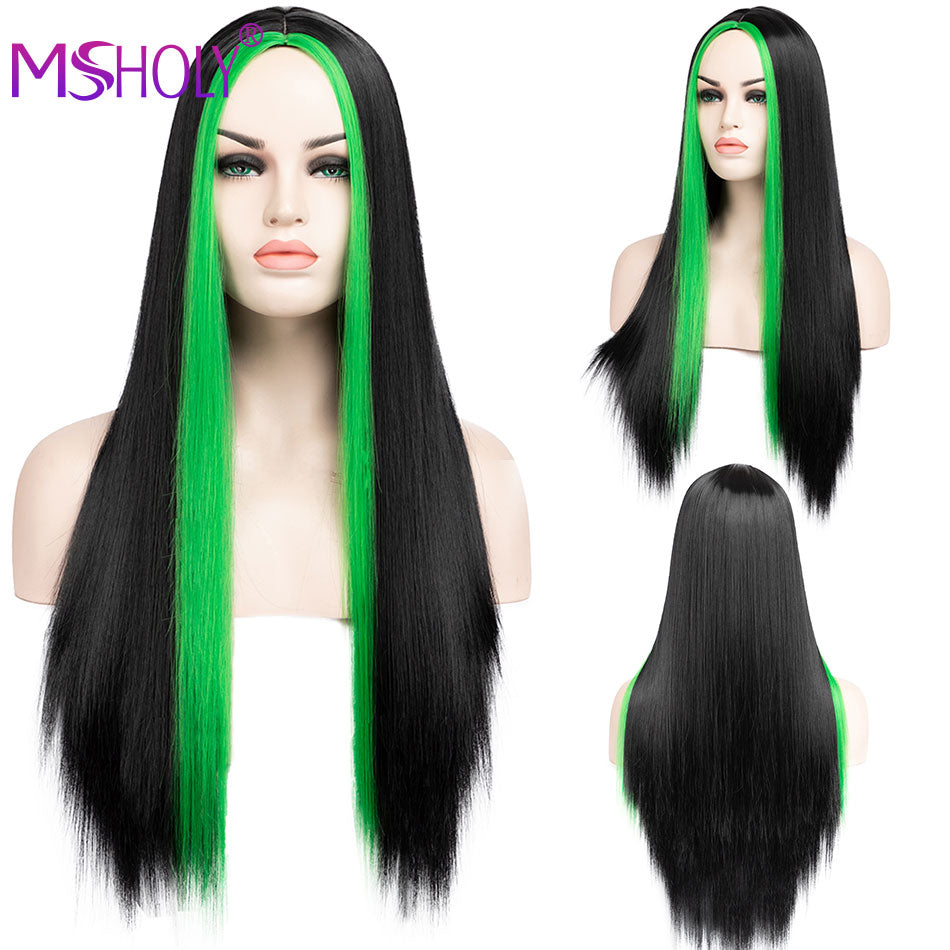Pink Long Straight Wig Synthetic Ombre Hair Wigs Black White Pink Purple Blue Red Blonde Cosplay Wig Msholy