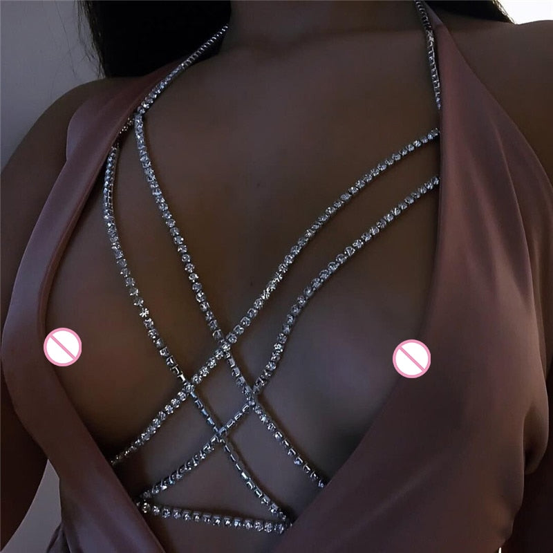 Shining Rhinestones Chest Cross Body Chain Boho Multi Layers Chest Chain Harness Body Jewellery Jewelry Crystal Chest