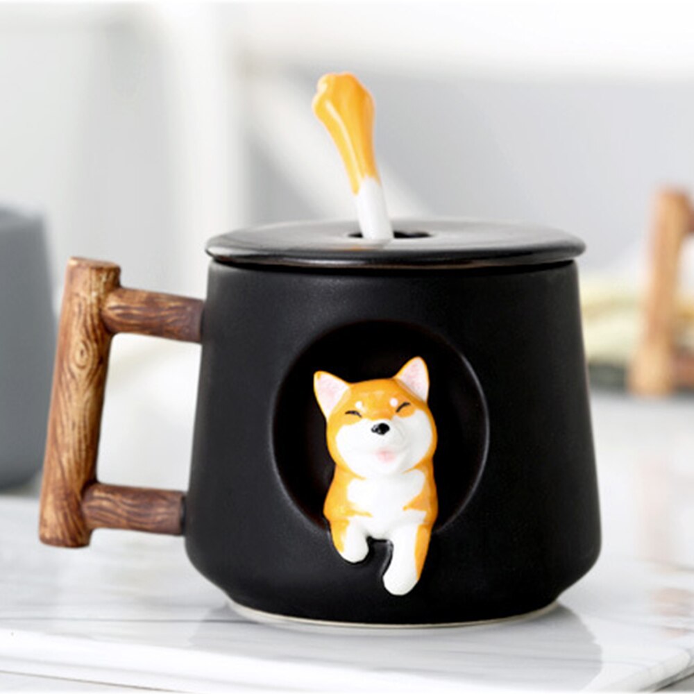 Cartoon ceramic cup creative mug with lid spoon Three-dimensional dog home drinking cup coffee milk juice breakfast cup