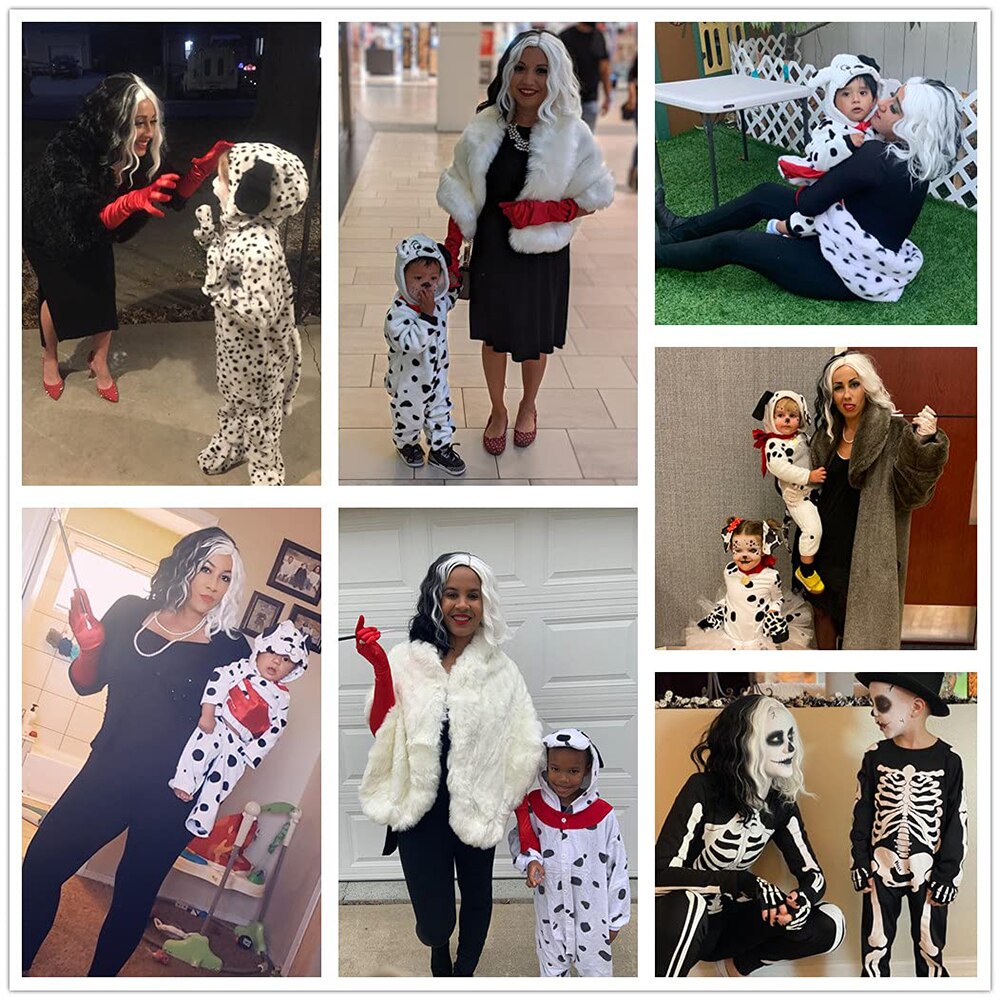 Cruella De Vil Kuila Half Black Half White Short Curly Hair Bangs Bob Cosplay Halloween Costume Synthetic Ladies Wig