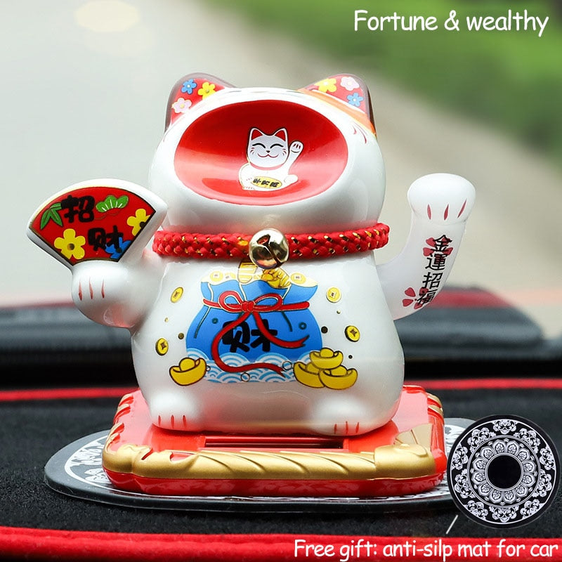Ceramic Lucky Cat Solar Powered Maneki Neko Waving Arm Beckoning Fortune Welcoming Cat with Car Mat Desktop Decor Charm Gift