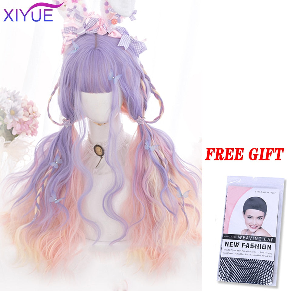 Blue Pink Lolita Wigs Ombre Long Water Wave Cosplay Wigs Synthetic Hair Wigs Heat Resistant For Women