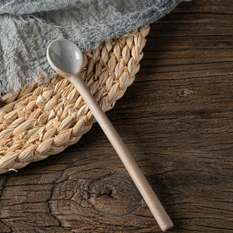 Retro Long Spoon Japanese Style Ceramic Long Handled Soup Spoon Kitchen Tableware Dessert Coffee Tea Scoop Cooking Mixing Stirr
