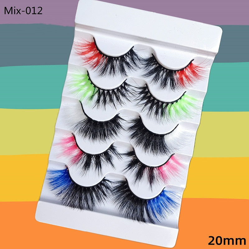 5 Pairs Red Green Yellow Pink Colored Eyelashes for Wholesale Colorful Faux Lashes in Bulk with butterfly and flowers ombre