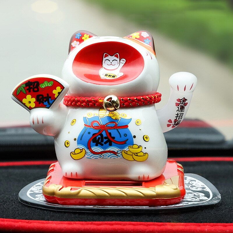 Ceramic Lucky Cat Solar Powered Maneki Neko Waving Arm Beckoning Fortune Welcoming Cat with Car Mat Desktop Decor Charm Gift