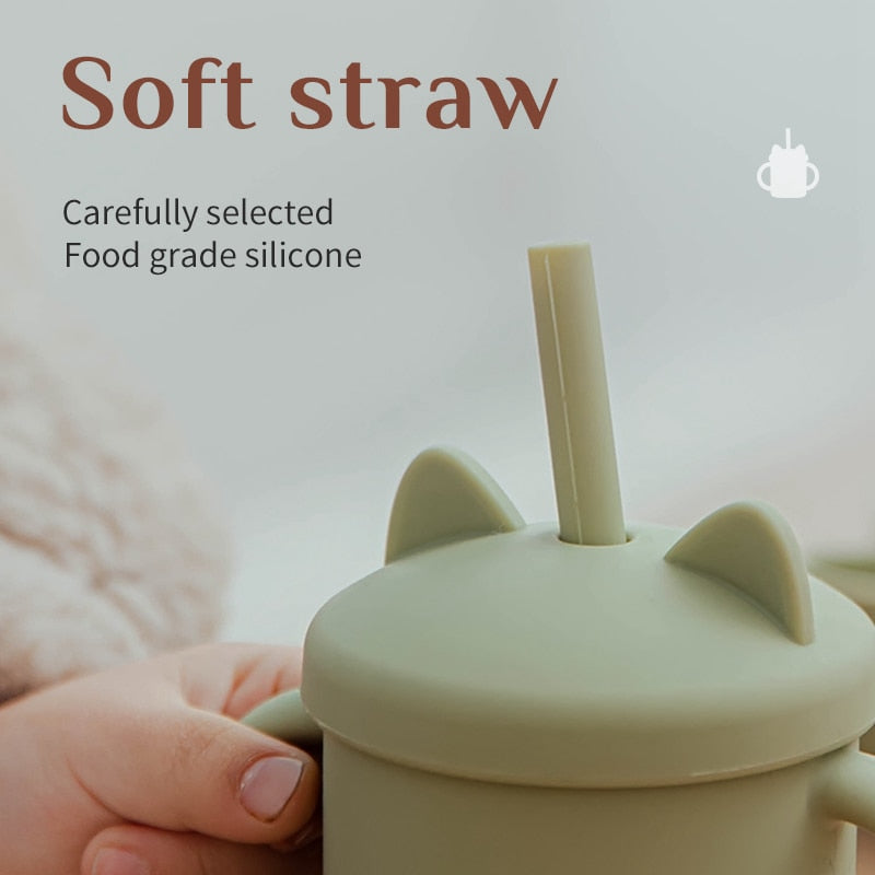 1PCS Baby Feeding Cups Silicone Drinkware Cute Cartoon Cat Sippy Cup For Toddlers Kids Sippy Cup Lids Solid With Handle Drinker