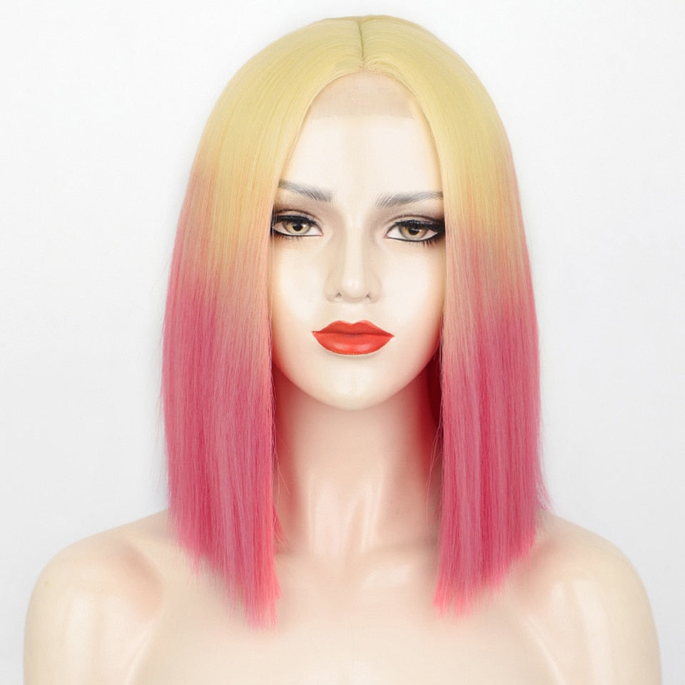 Synthetic Ombre Orange Wig Short Straight Middle Part Bob Wig Natural Yellow/Red Wigs Heat Resistant Fiber