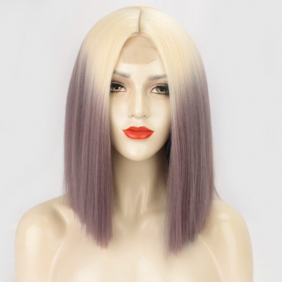 Synthetic Ombre Orange Wig Short Straight Middle Part Bob Wig Natural Yellow/Red Wigs Heat Resistant Fiber