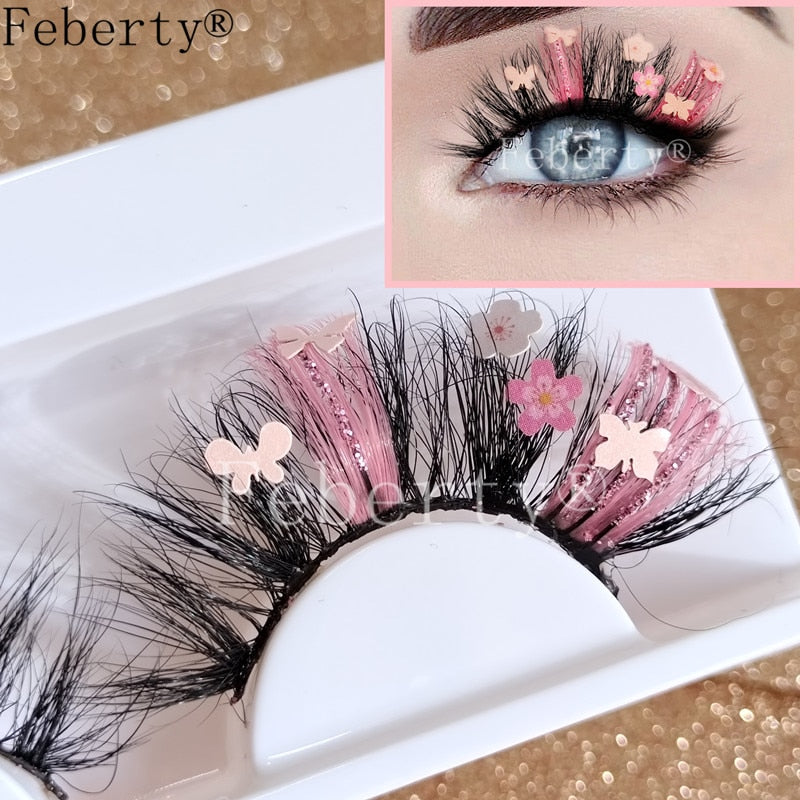 Fluffy lashes 25mm glitter Mink Lashes With Butterfly flowers yellow Pink Green Colorful Lashes Glitter False Eyelashes