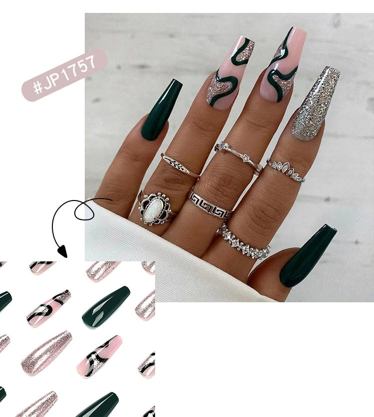 24pcs Long Ballet False Nail Full Cover Fake Nail Grey White Marble Design Nails Tip French Coffin Nails Press On Nails