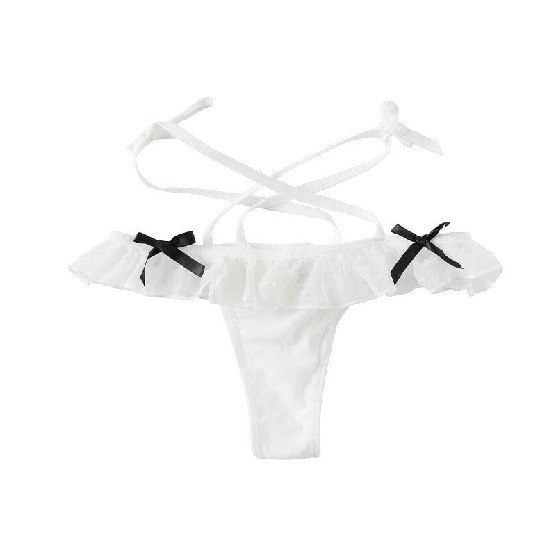Sexy Maid Cosplay Hot Thong Lace Waist Hollow Bow T Pants Female JK Panties Sexy Lingerie Low Waist Wave Point Perspective