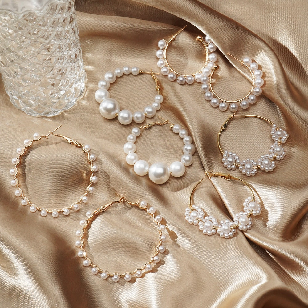 White Boho Imitation Pearl Round Circle Hoop Earrings Gold Color Big Earrings