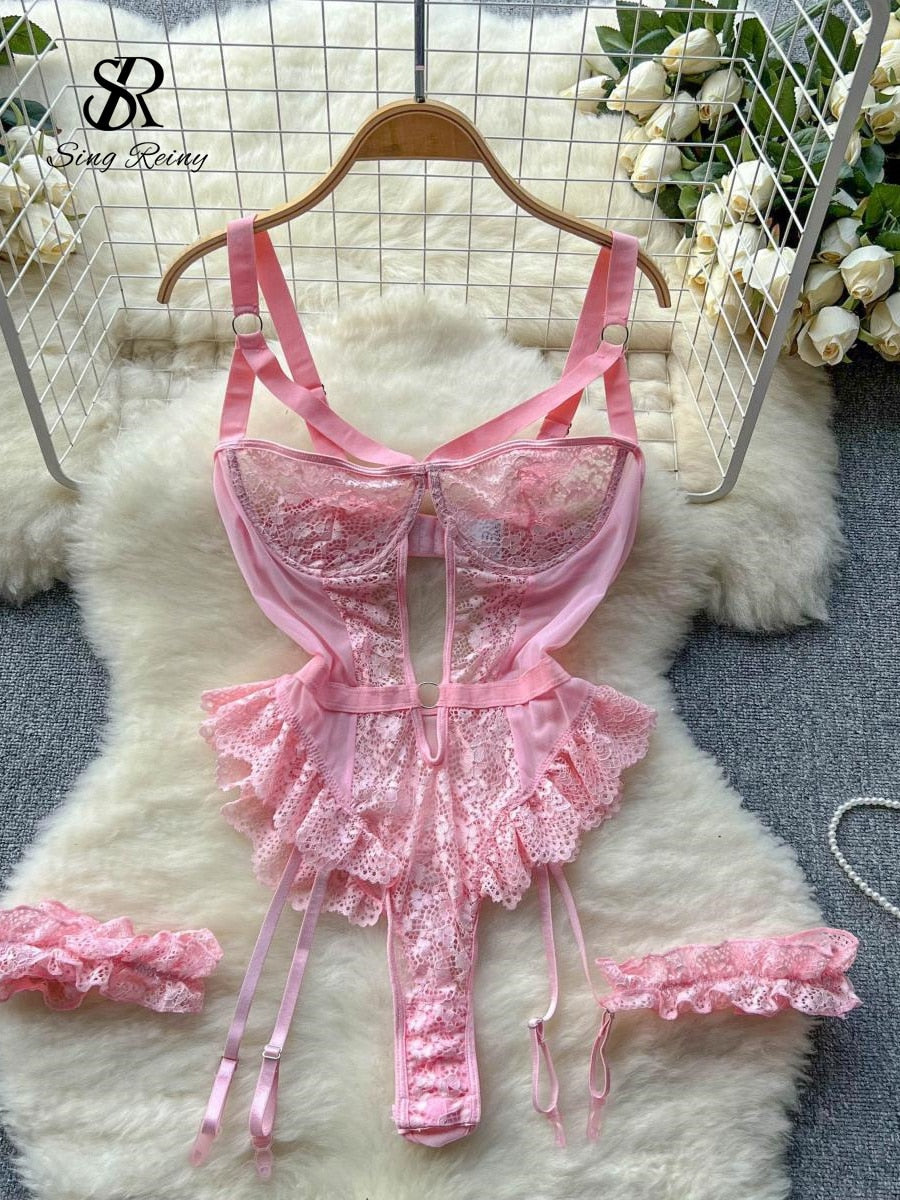 Women Erotic Sexy Lace Rompers Sleeveless Backless Slim Short Playsuit Transparent Underwear Hollow Out Mesh Bodysuits