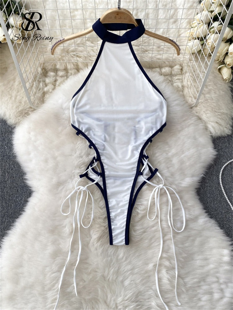 Women Sexy Halter Playsuits Drawstring Lace Up Design Transparent Bodysuits Slim Hollow Out Summer Rompers