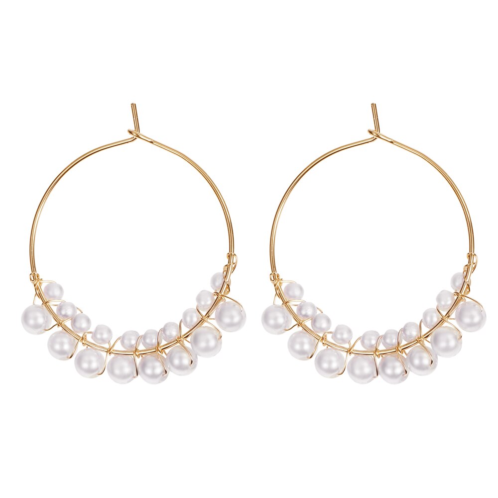 White Boho Imitation Pearl Round Circle Hoop Earrings Gold Color Big Earrings