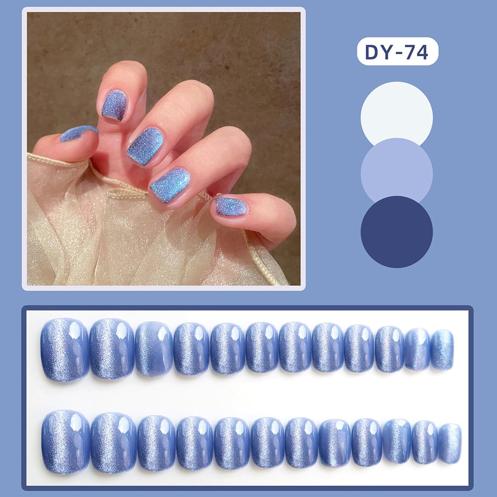 24pcs Cat Eye False Nail Deep Blue Color Fake Nail Tips Full Cover Nail Art Long Coffin Ballet Press on Nail Manicure Nail Tips