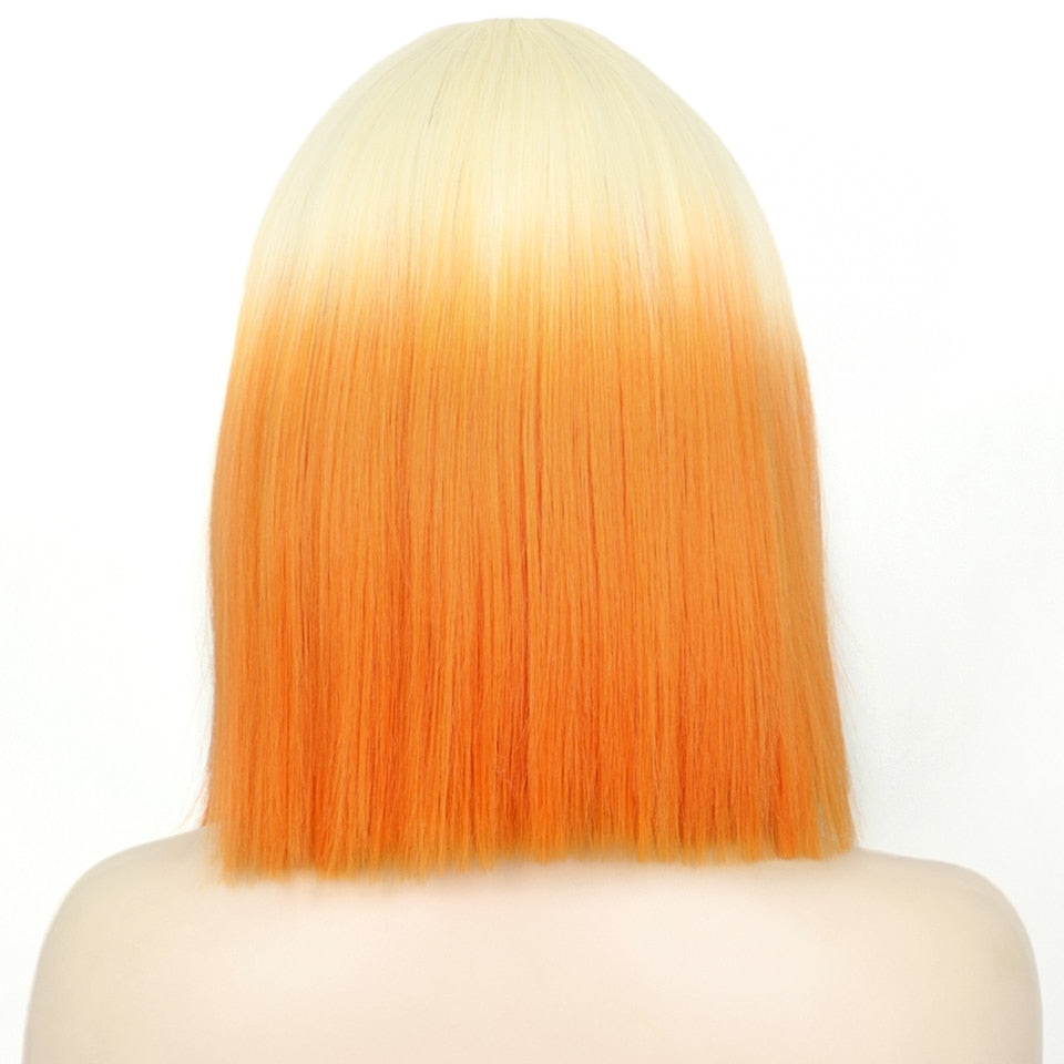 Synthetic Ombre Orange Wig Short Straight Middle Part Bob Wig Natural Yellow/Red Wigs Heat Resistant Fiber