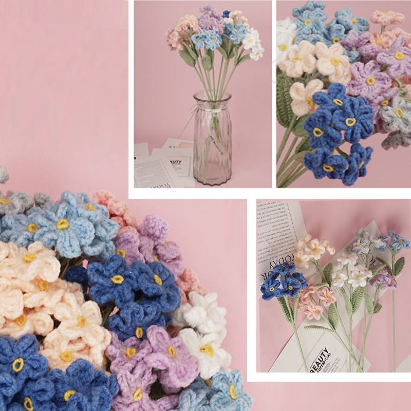 Finished Hand Knit Crochet Forget Me Not Flowers Handmade Flower Bouquet Home Decoration