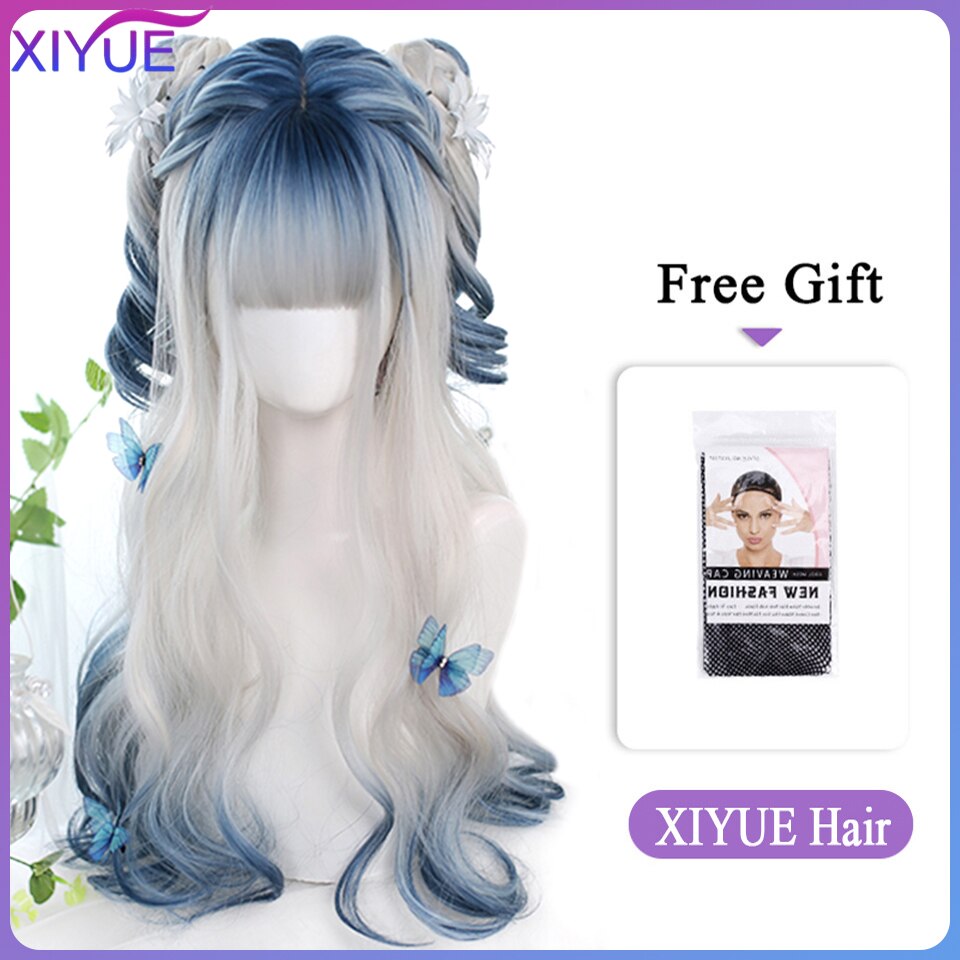 Blue Pink Lolita Wigs Ombre Long Water Wave Cosplay Wigs Synthetic Hair Wigs Heat Resistant For Women