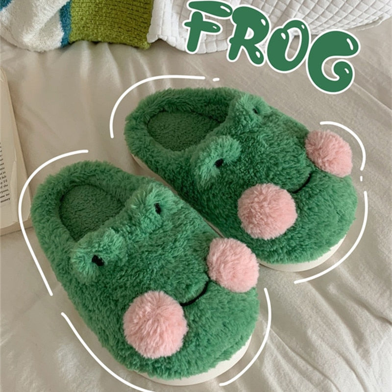 Funny Couple Lovely Frog Cotton Slippers Winter NonSlip Warm Plush Home Slipper Household Shoes