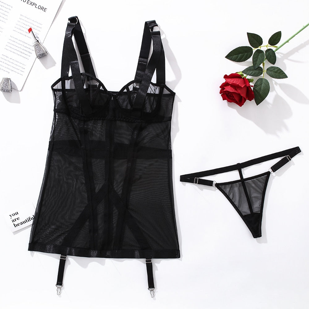 Sexy Mujer Puta Lace Lingerie Dress Transparent Mini Nightgown Thongs Hot Exotic Clothes Babydoll Porn Sleepwear