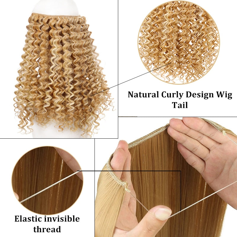 Natural Synthetic Hair Extension Clipless Invisible Hair Extension Ombre Black Curly Long Wig for Women Hair Extensions