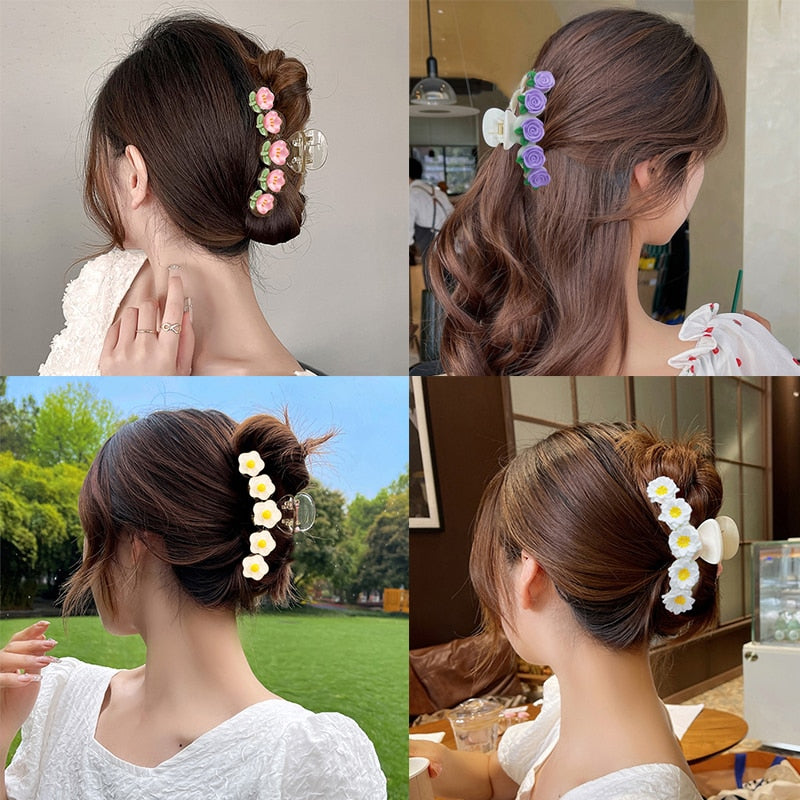 Korean Flowers Big Hair Claws Elegant Resin Acrylic Hair Clips Hairpins Barrette Headwear Hair Accessories