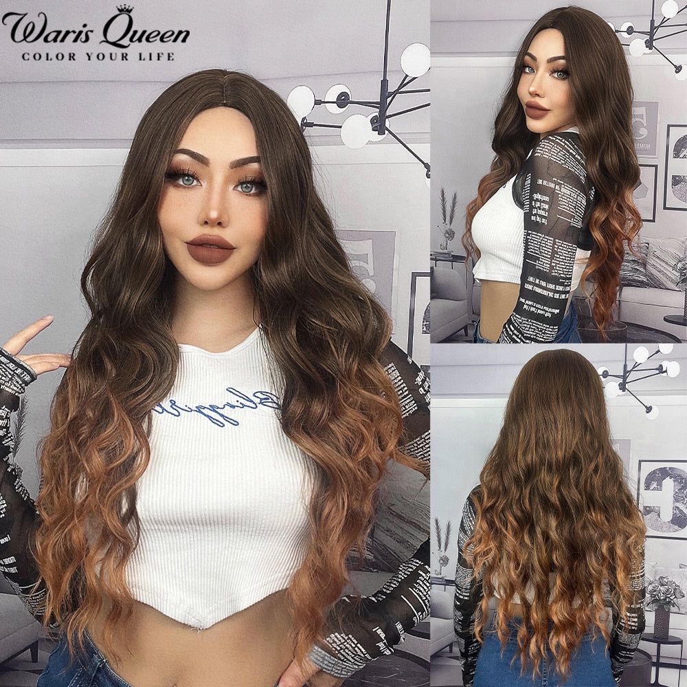 Long Wavy Ombre Black White Synthetic Wigs for Women Heat Resistant Natural Middle Part Cosplay Party Lolita Daily Hair Wigs
