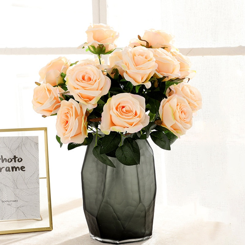 Simulation Bouquet 9 Heads Artificial Rose Silk Fake Flower Home Living Room Dining Table Wedding Decoration Purple