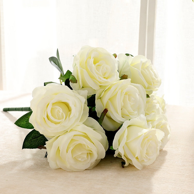 Simulation Bouquet 9 Heads Artificial Rose Silk Fake Flower Home Living Room Dining Table Wedding Decoration Purple