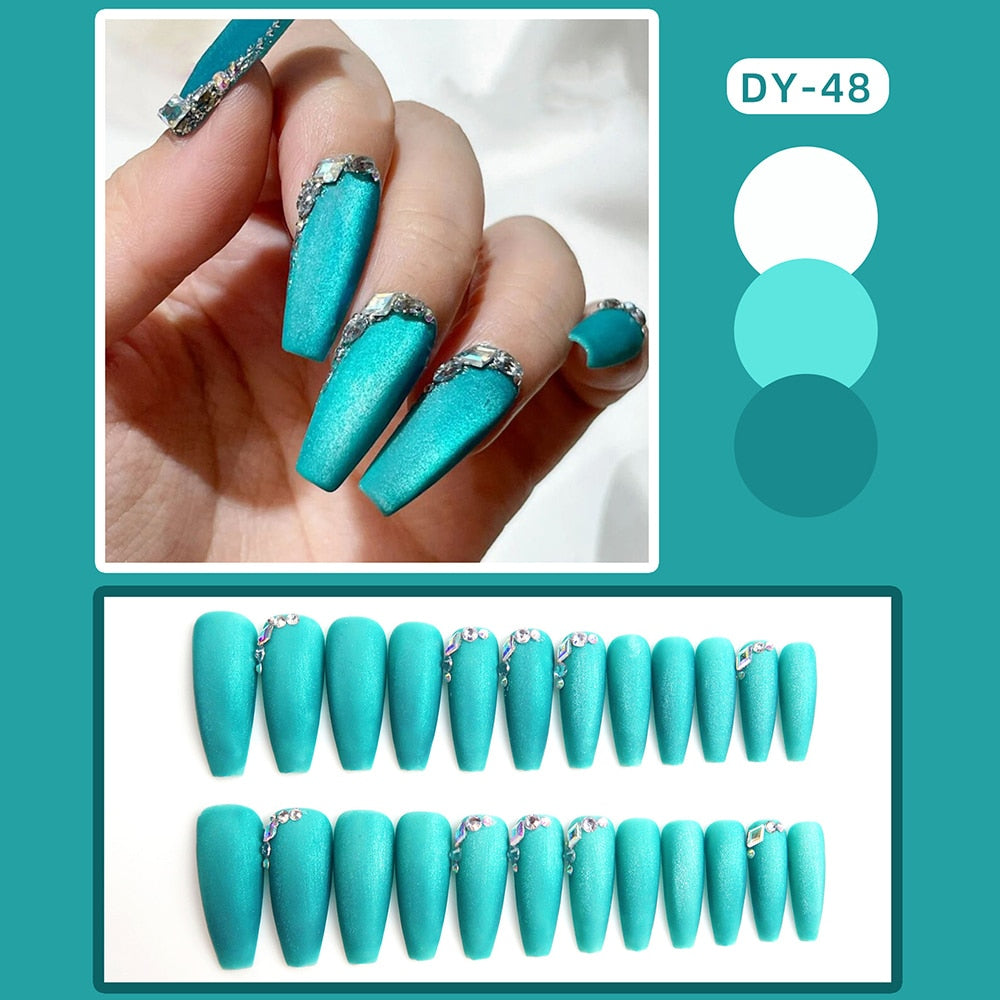 24pcs Cat Eye False Nail Deep Blue Color Fake Nail Tips Full Cover Nail Art Long Coffin Ballet Press on Nail Manicure Nail Tips