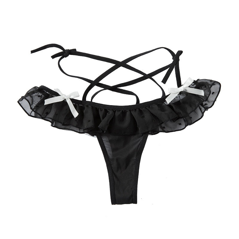 Sexy Maid Cosplay Hot Thong Lace Waist Hollow Bow T Pants Female JK Panties Sexy Lingerie Low Waist Wave Point Perspective