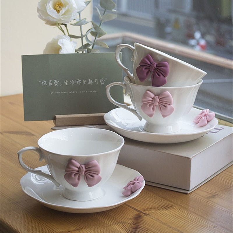 Lovely Bow Porcelain Pink Tea set High Grade Coffee Cup and Saucer Set Ceramic Creative Coffee Mug Home Afternoon Tea Cup