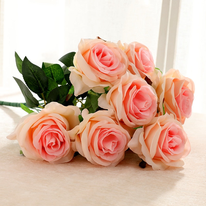 Simulation Bouquet 9 Heads Artificial Rose Silk Fake Flower Home Living Room Dining Table Wedding Decoration Purple