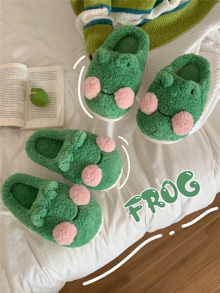 Funny Couple Lovely Frog Cotton Slippers Winter NonSlip Warm Plush Home Slipper Household Shoes