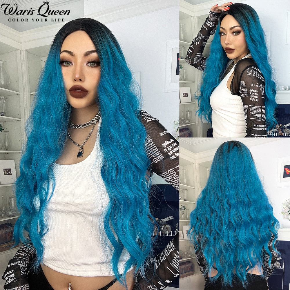 Long Wavy Ombre Black White Synthetic Wigs for Women Heat Resistant Natural Middle Part Cosplay Party Lolita Daily Hair Wigs